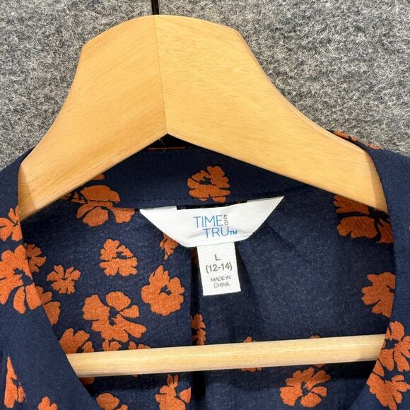 Time And Tru Dress Women L Large Blue Floral Shift Midi Button Long Sleeve Lined - Picture 3 of 7